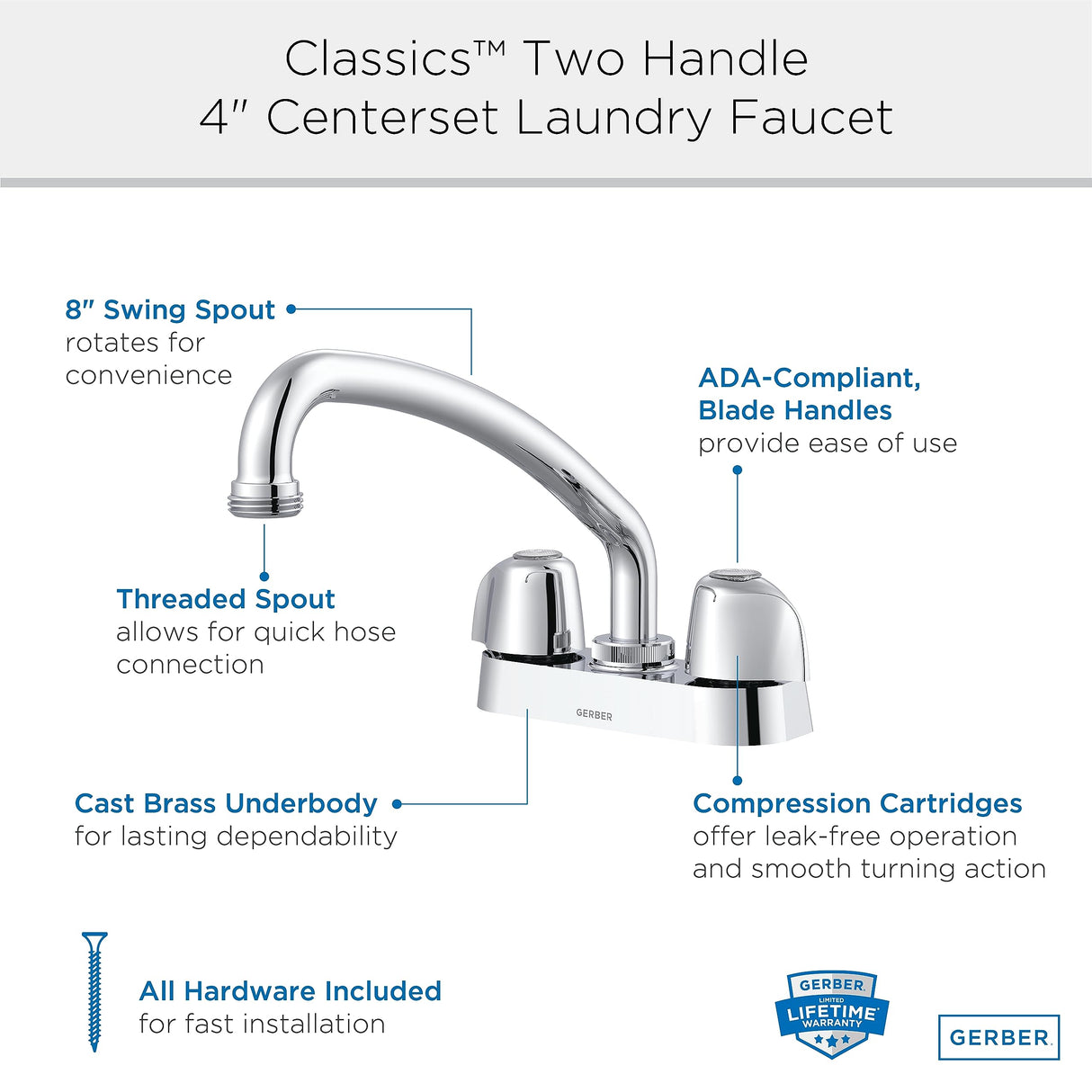 Gerber G0049234 Rough Brass Classics Laundry Faucet With 8" Spout Hose CONNE...