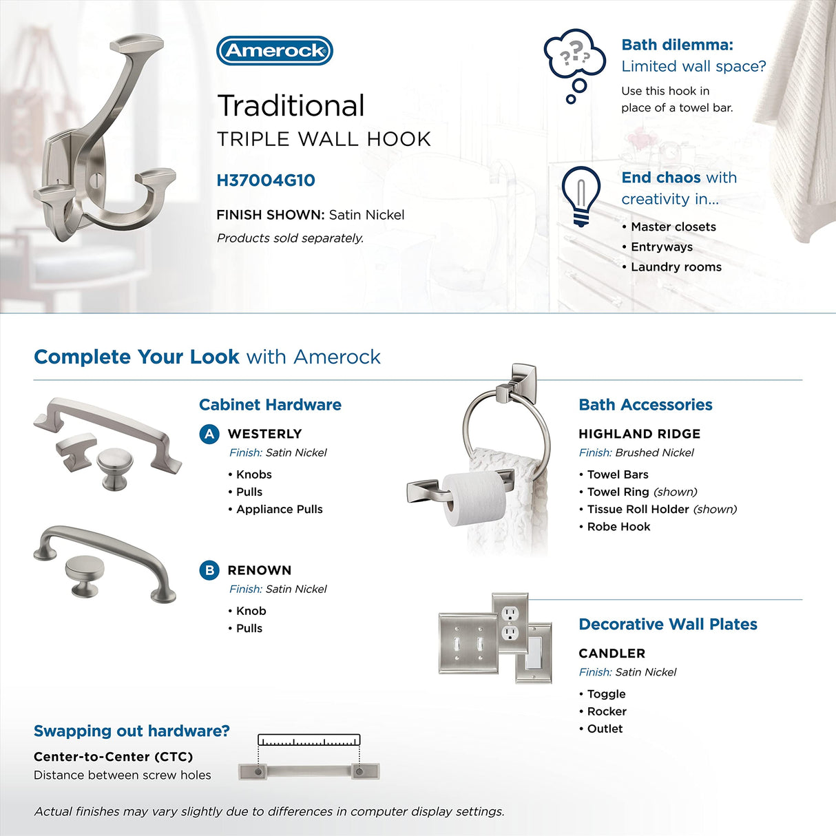 Amerock H37004G10 Vicinity Triple Prong Decorative Wall Hook Satin Nickel Hook for Coats, Hats, Backpacks, Bags Hooks for Bathroom, Bedroom, Closet, Entryway, Laundry Room, Office