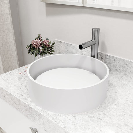 VIGO VGT2063 16.0" L -16.0" W -5.0" H Matte Stone Anvil Composite Round Vessel Bathroom Sink in White with Ashford Faucet and Pop-Up Drain in Brushed Nickel
