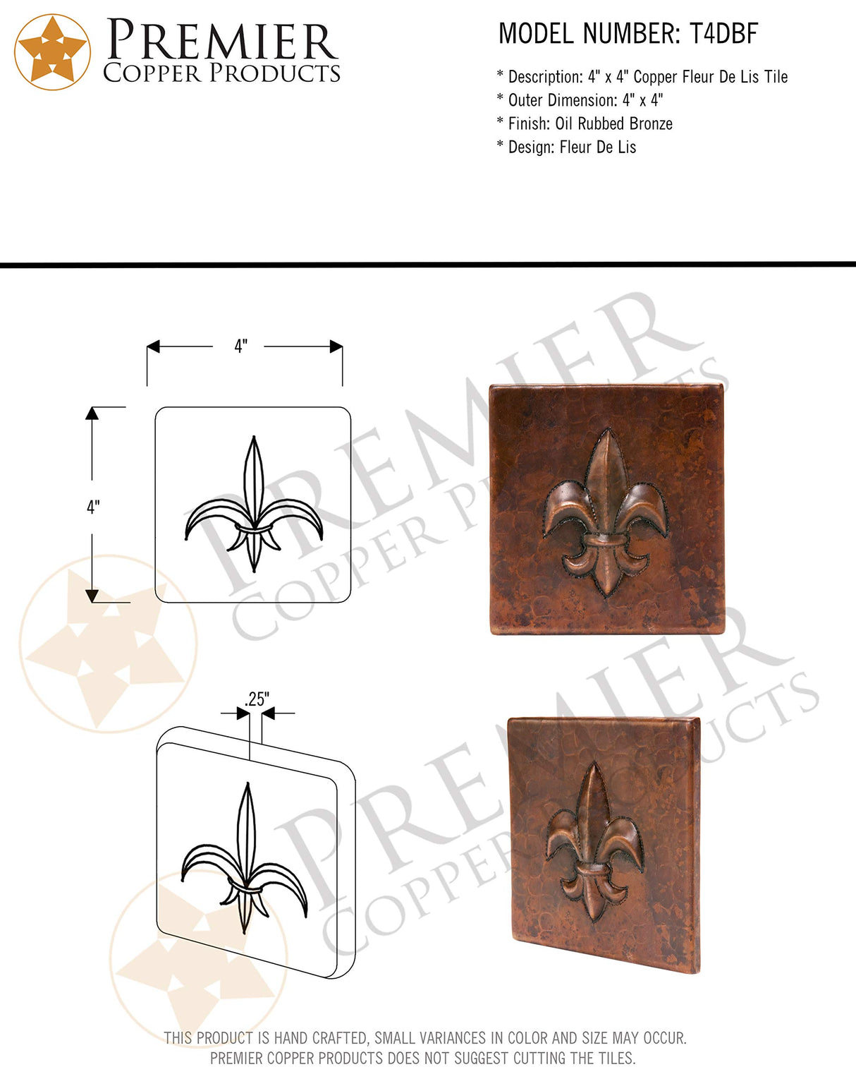 Premier Copper Products T4DBF 4-Inch by 4-Inch Copper Fleur De Lis Tile, Oil Rubbed Bronze