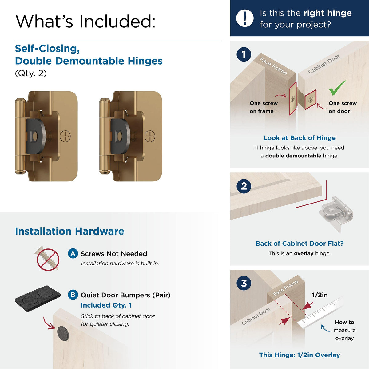 Amerock BPR8704CZ Cabinet Hinge 1/2 in (13 mm) Overlay Double Demountable Champagne Bronze Kitchen Cabinet Door Hinge 1 Pair/2 Pack Functional Hardware