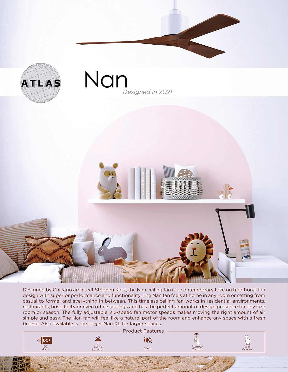 Matthews Fan NK-BRBR-GA-60 Nan 6-speed ceiling fan in Brushed Brass finish with 60” solid gray ash tone wood blades