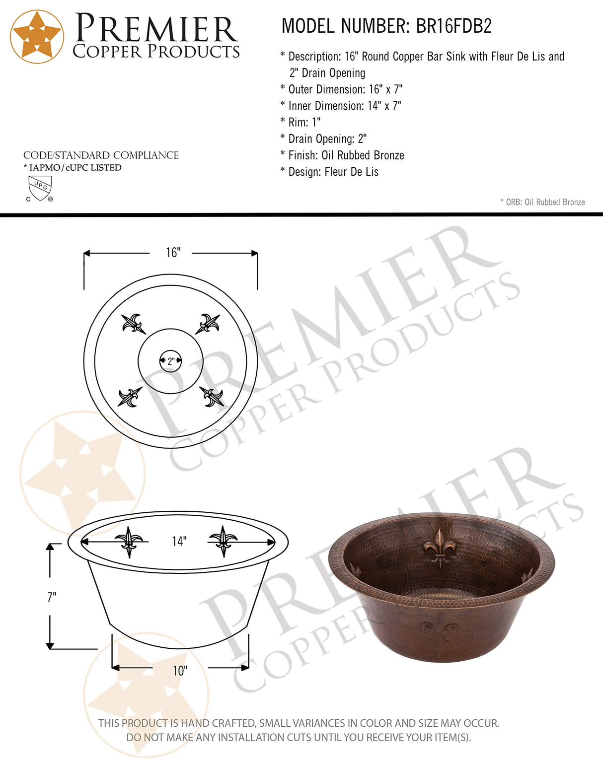 Premier Copper Products BR16FDB2 16-Inch Universal Round Copper with Fleur De Lis Bar Sink and 2-Inch Drain Size, Oil Rubbed Bronze