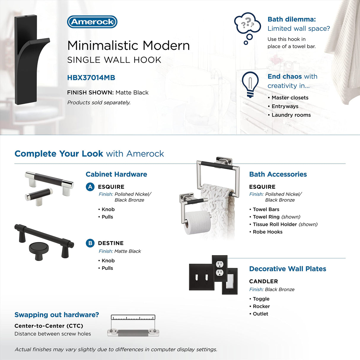 Amerock HBX37014MB Apex Single Prong Decorative Wall Hook Matte Black Hook for Coats, Hats, Backpacks, Bags Hooks for Bathroom, Bedroom, Closet, Entryway, Laundry Room, Office