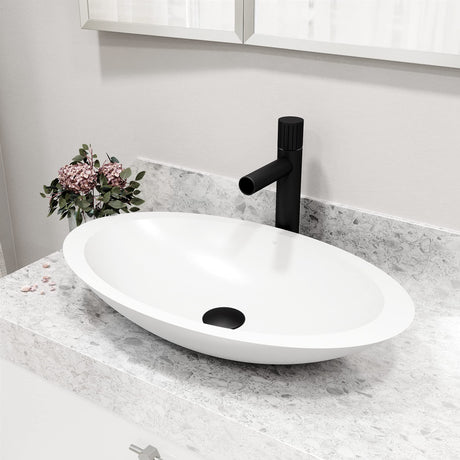 VIGO VGT2061 13.5" L -23.13" W -3.88" H Matte Stone Wisteria Composite Oval Vessel Bathroom Sink in White with Ashford Faucet and Pop-Up Drain in Matte Black