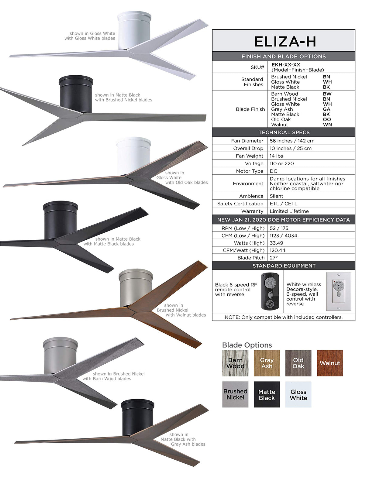 Matthews Fan EKH-BK-WN Eliza-H 3-blade ceiling mount paddle fan in Matte Black finish with walnut ABS blades.