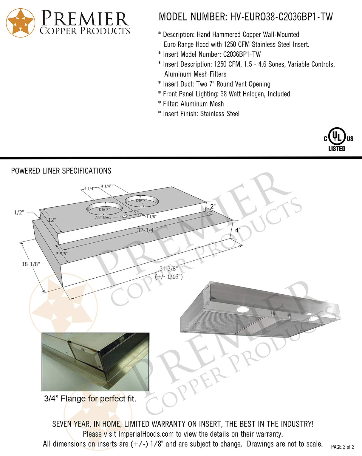 Premier Copper Products HV-EURO38-C2036BP1-TW Euro 38-Inch 735 CFM Wall Mount Range Hood