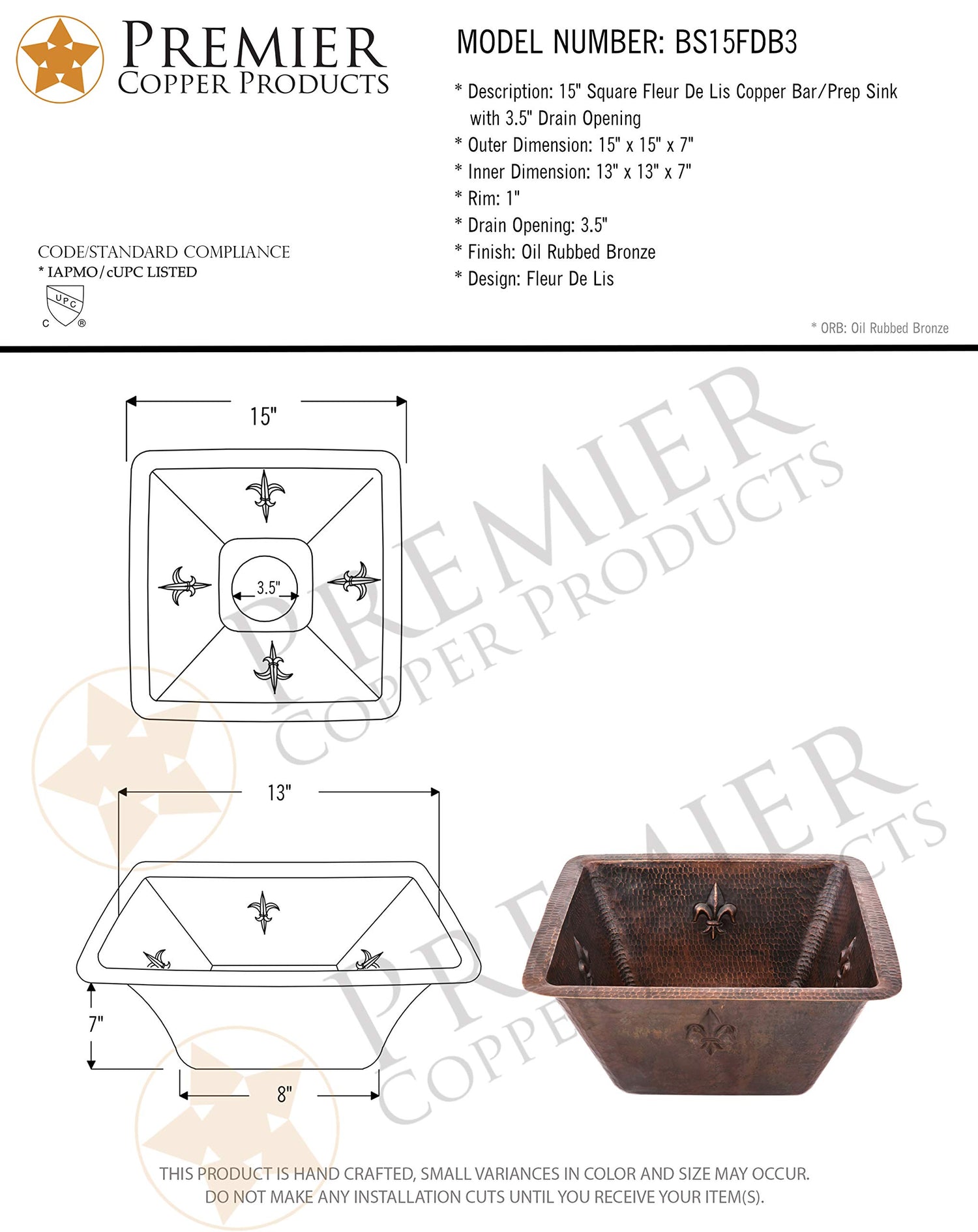 Premier Copper Products BS15FDB3 15-Inch Universal Square Fleur De Lis Hammered Copper Sink with 3.5-Inch Drain Size, Oil Rubbed Bronze (Showroom Display for Sale)