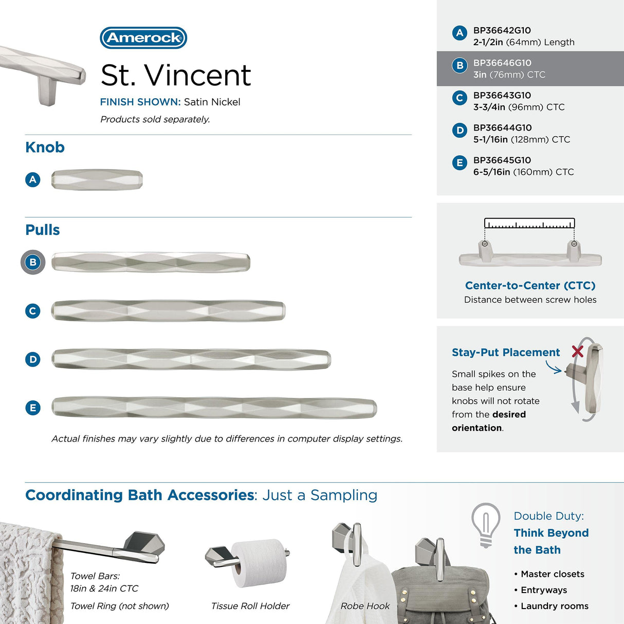 Amerock Cabinet Pull Satin Nickel 3 inch (76 mm) Center to Center St. Vincent 1 Pack Drawer Pull Drawer Handle Cabinet Hardware