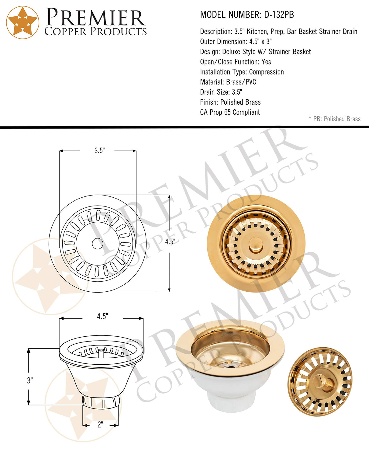 Premier Copper Products D-132PB 3.5-Inch Kitchen, Prep, Bar Basket Strainer Drain, Polished Brass