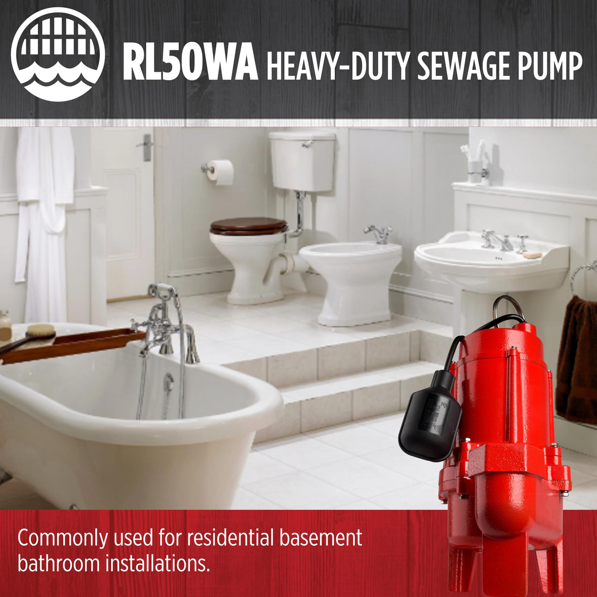 Red Lion RL50WA 115 Volt, 1/2 HP, 7200 GPH Sewage Pump with Piggyback Tethered Switch and 20-Ft. Power Cord, Red, 14942663