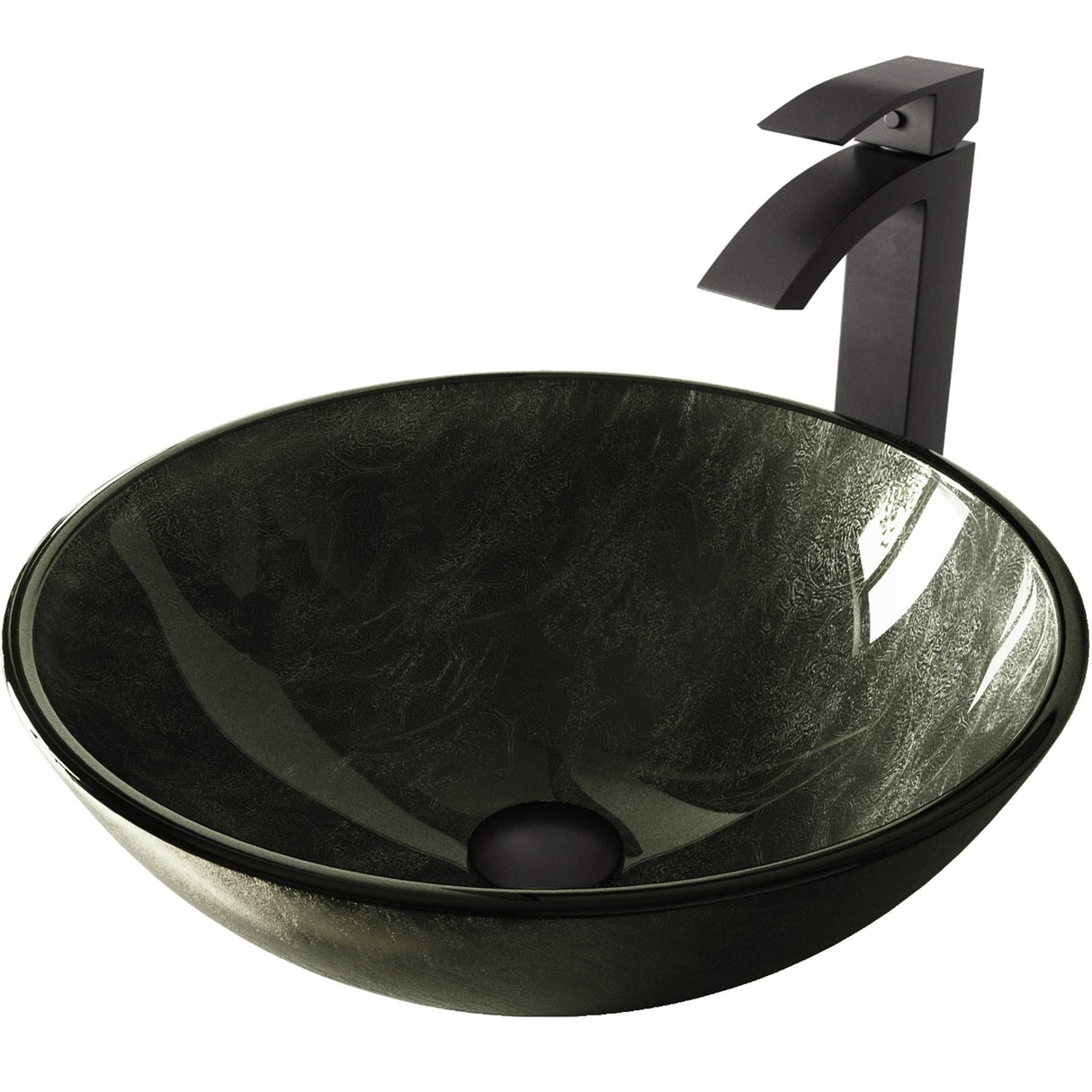 VIGO VGT572 16.5" L -16.5" W -12.0" H Gray Handmade Countertop Glass Round Vessel Bathroom Sink Set in Gray Onyx Finish with Matte Black Single-Handle Single Hole Faucet and Pop Up Drain