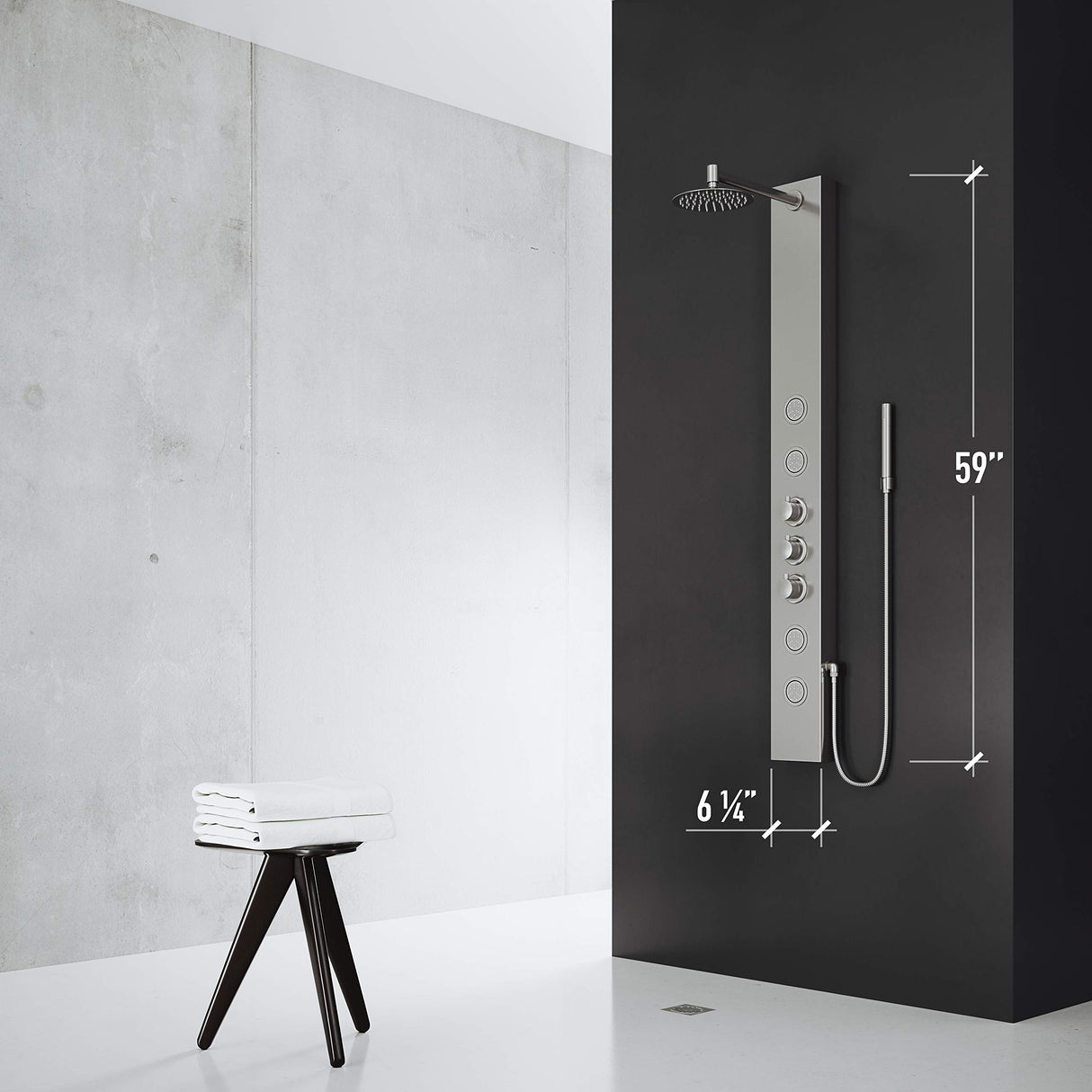 VIGO 20" W x 59" H Ellington 4-Jet Stainless Steel Shower Panel, Thermostatic, Volume, Dual Function Control Type and Handheld Showerhead - VG08013ST