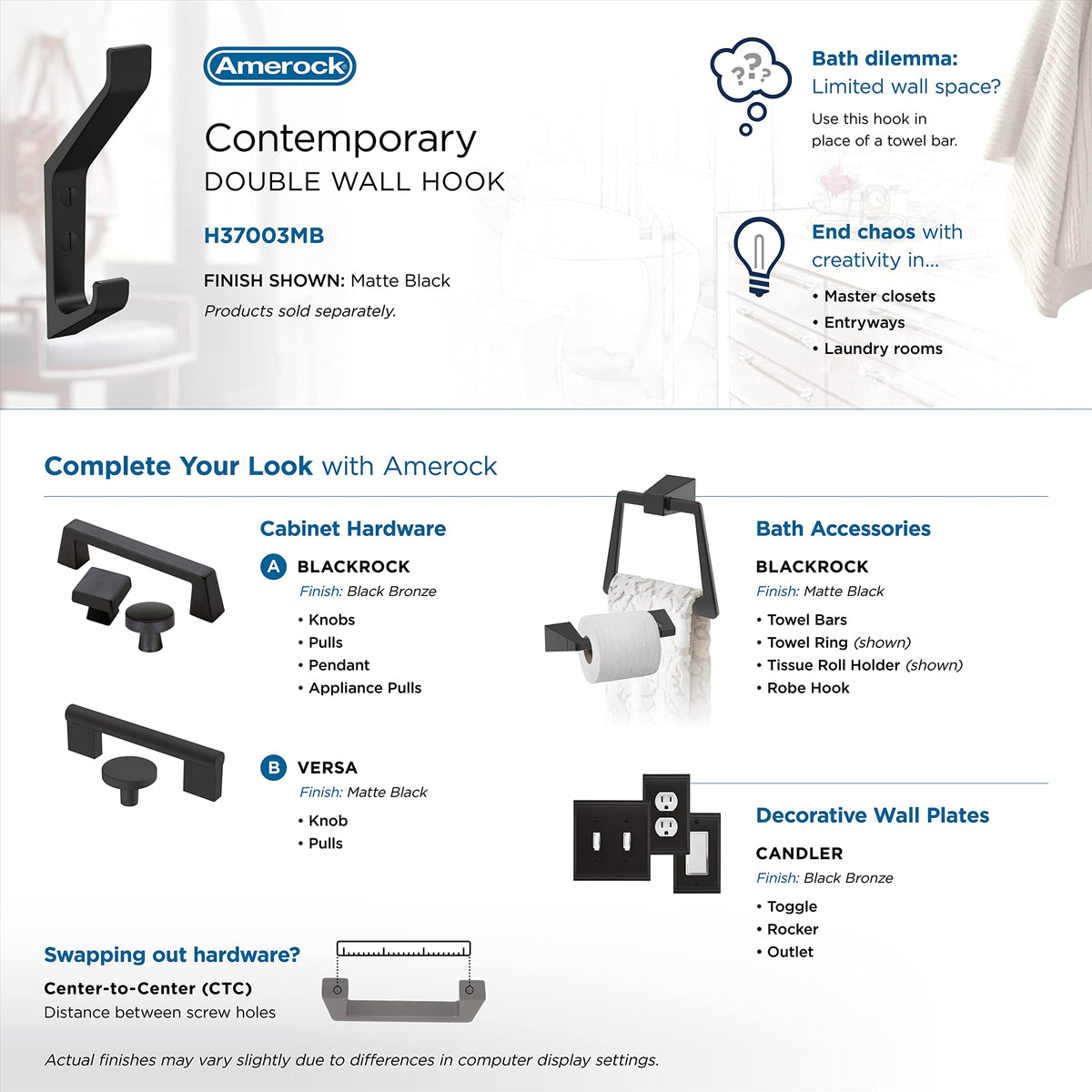 Amerock H37003MB Emerge Double Prong Decorative Wall Hook Matte Black Hook for Coats, Hats, Backpacks, Bags Hooks for Bathroom, Bedroom, Closet, Entryway, Laundry Room, Office