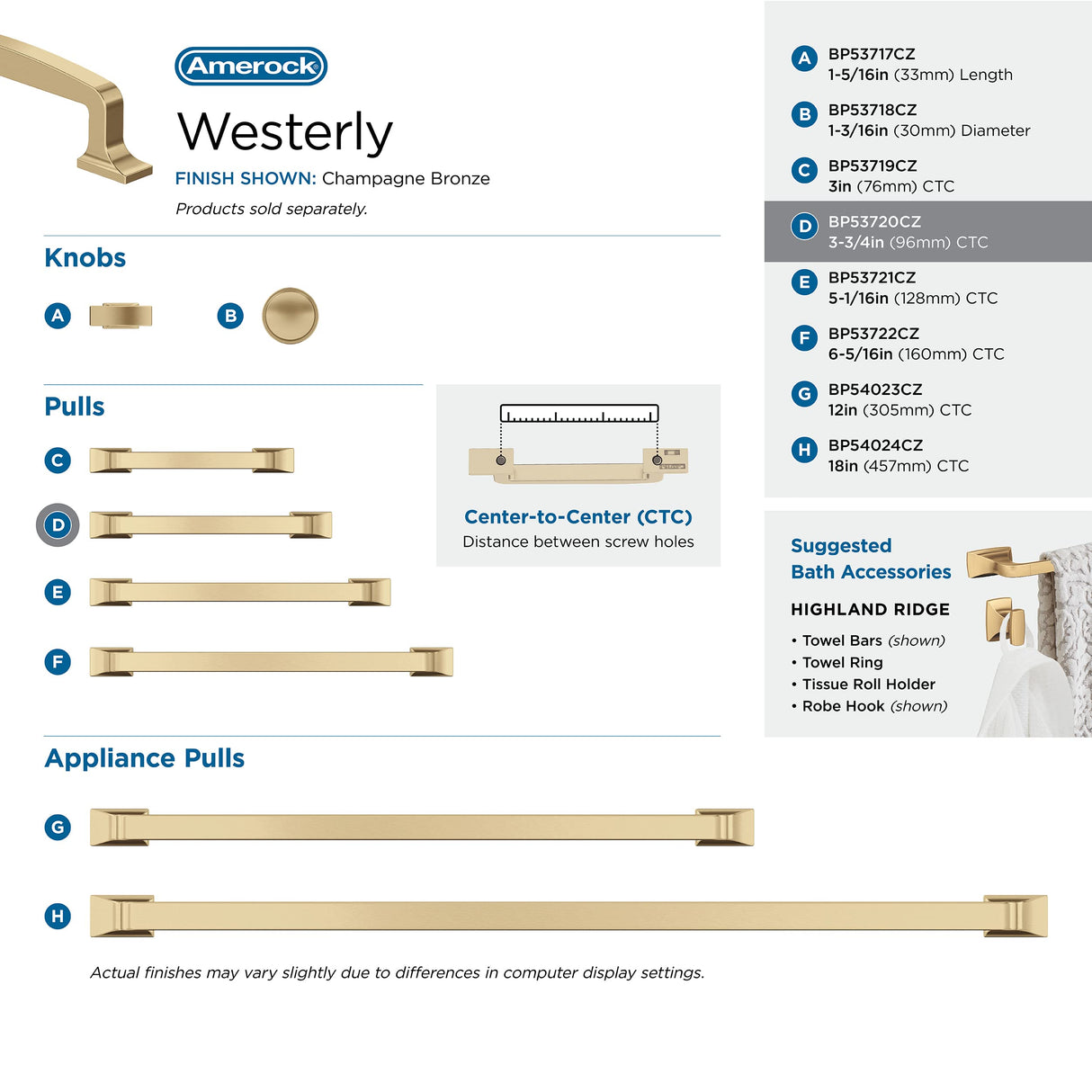 Amerock Cabinet Pull Champagne Bronze 3-3/4 in (96 mm) Center-to-Center Drawer Pull Westerly Kitchen and Bath Hardware Furniture Hardware