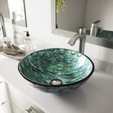VIGO VGT549 16.5" L -16.5" W -12.38" H Oceania Handmade Glass Round Vessel Bathroom Sink Set in Patterned Teal Finish with Brushed Nickel Single-Handle Single Hole Faucet and Pop Up Drain