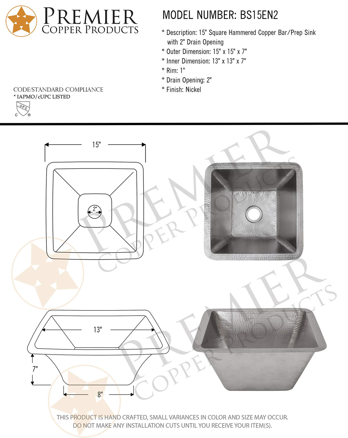 Premier Copper Products BS15EN2 15-Inch Square Hammered Copper Bar/Prep Sink in Nickel w/ 2-Inch Drain Opening