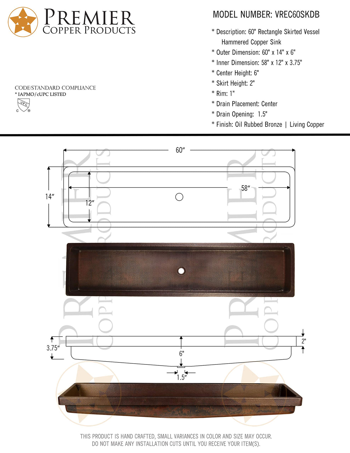 Premier Copper Products VREC60SKDB 60-Inch Rectangle Skirted Vessel Hammered Copper Sink