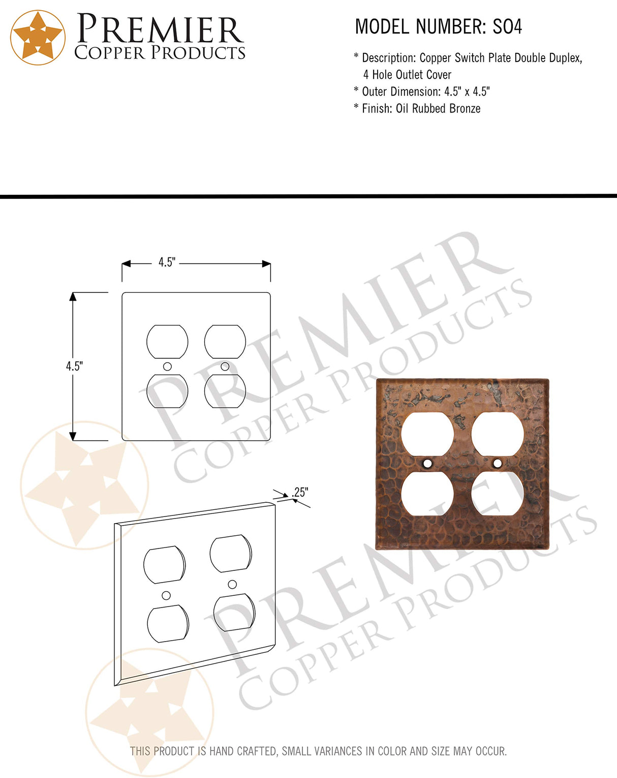 Premier Copper Products SO4 Copper Switch Plate Double Duplex with Four Hole Outlet Cover, Oil Rubbed Bronze
