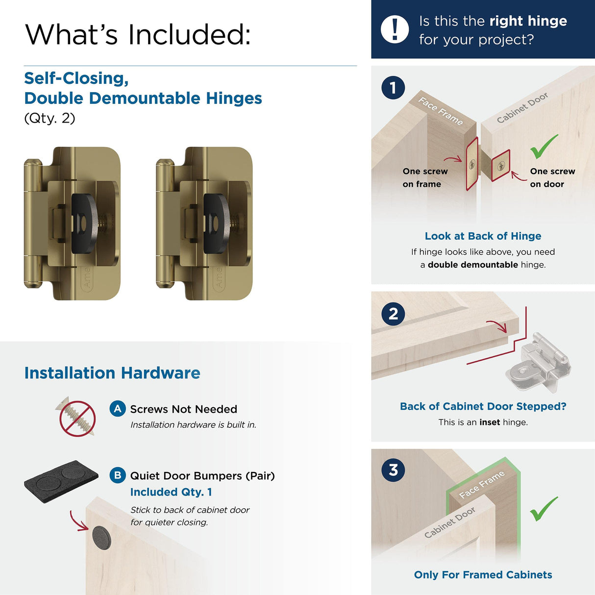 Amerock BPR8700BBZ Cabinet Hinge 3/8 in (10 mm) Inset Double Demountable Golden Champagne Kitchen Cabinet Door Hinge 1 Pair/2 Pack Functional Hardware