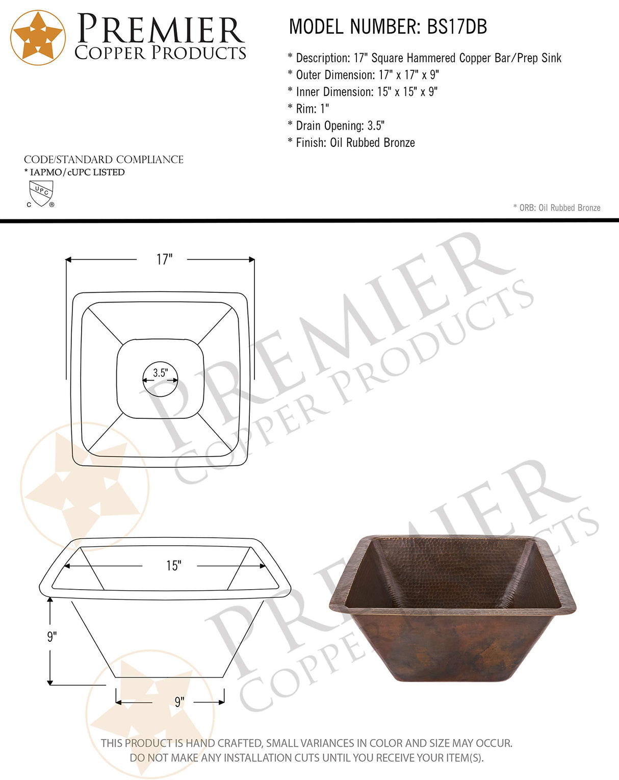 Premier Copper Products BS17DB 17-Inch Universal Large Square Hammered Copper Sink, Oil Rubbed Bronze