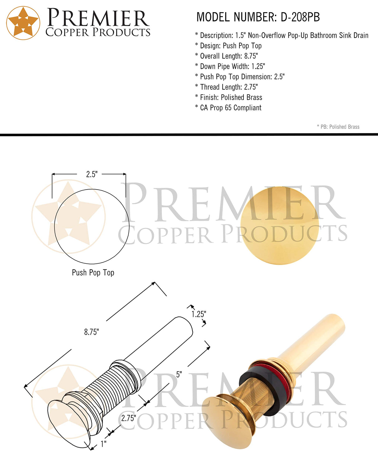 Premier Copper Products D-208PB 1.5-Inch Non-Overflow Pop-up Bathroom Sink Drain, Polished Brass