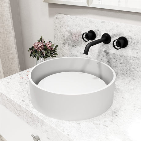 VIGO VGT2065 16.0" L -16.0" W -5.0" H Matte Stone Anvil Composite Round Vessel Bathroom Sink in White with Wall-Mount Faucet and Pop-Up Drain in Matte Black
