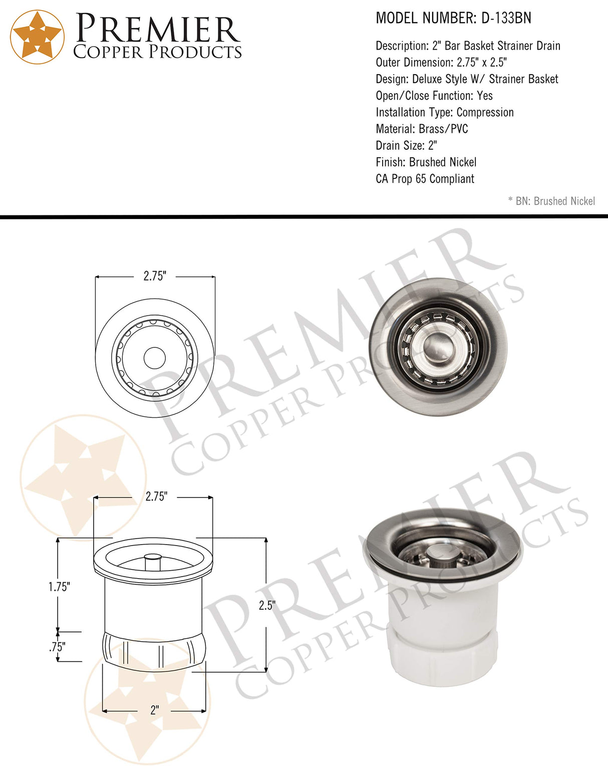 Premier Copper Products D-133BN 2-Inch Bar Basket Strainer Drain Flange