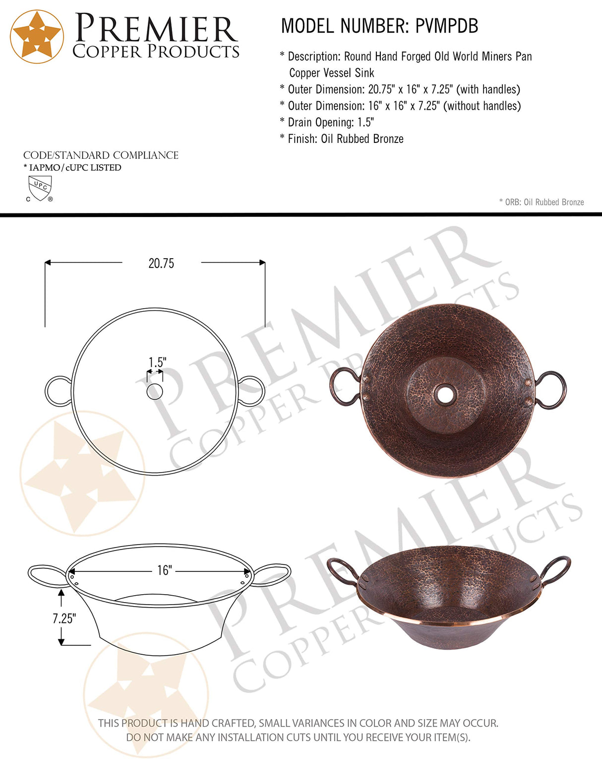 Premier Copper Products PVMPDB 20.75-Inch Round Hand Forged Old World Miners Pan Copper Vessel Sink