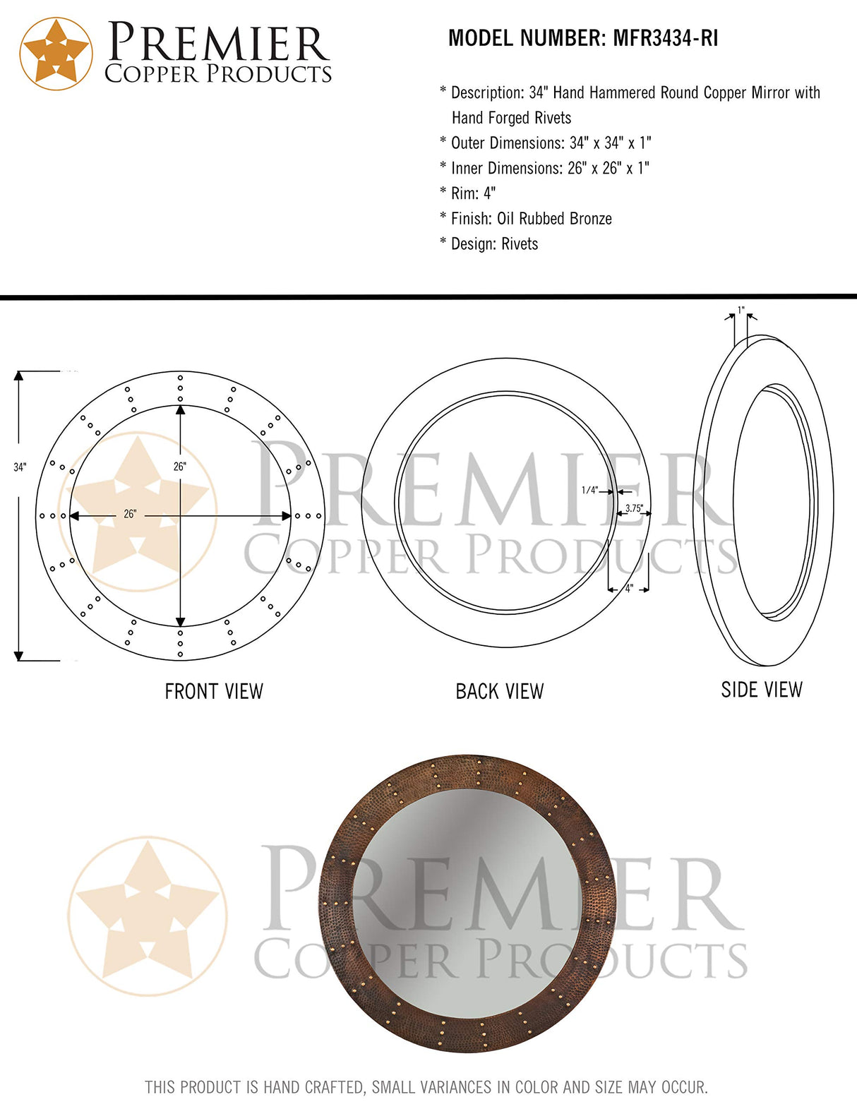 Premier Copper Products MFR3434-RI 34-Inch Hand Hammered Round Copper Mirror with Hand Forged Rivets