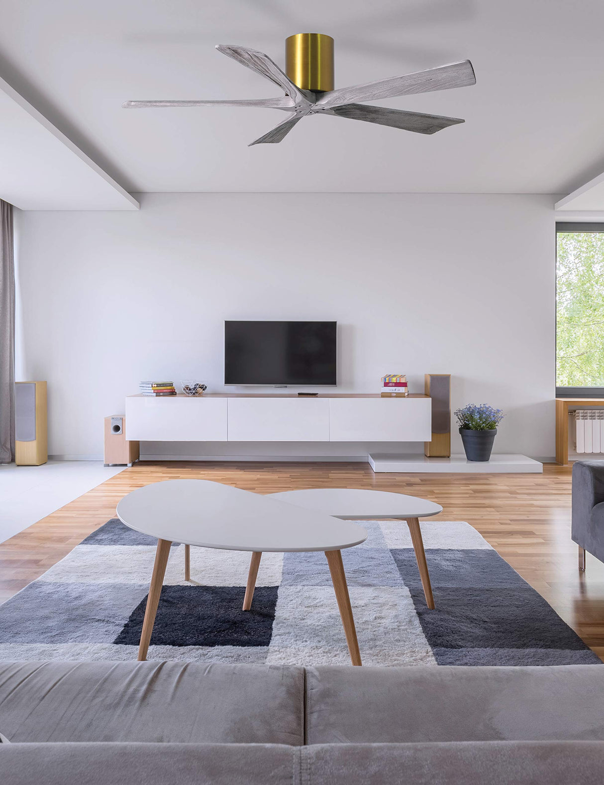 Matthews Fan IR5H-BN-MWH-60 Irene-5H five-blade flush mount paddle fan in Brushed Nickel finish with 60” solid matte white wood blades.