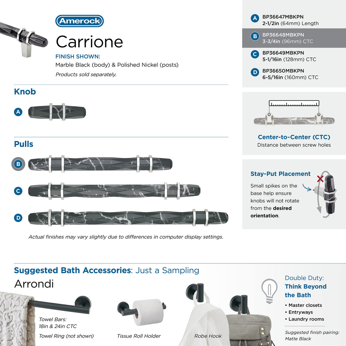 Amerock BP36648MBKPN Carrione Cabinet Pull, 3-3/4 in (96 mm) Center-to-Center, Marble Black/Polished Nickel
