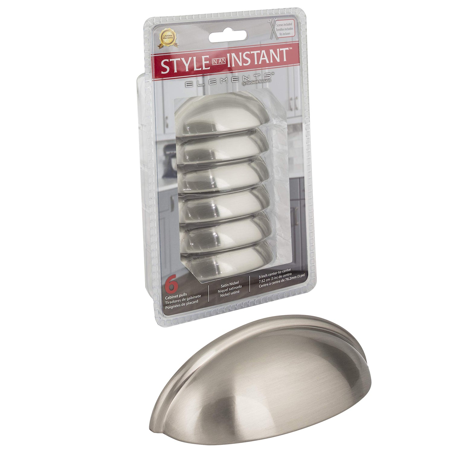 Elements 2981SN-R 3" Center-to-Center Satin Nickel Florence Retail Packaged Cabinet Cup Pull
