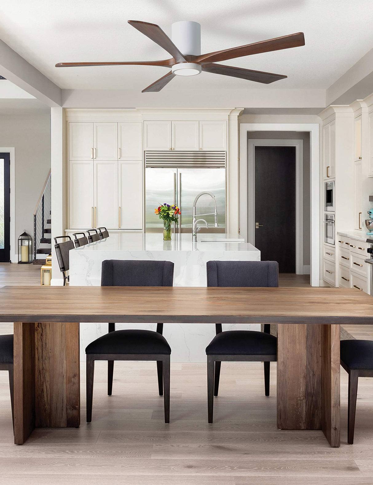 Matthews Fan IR5HLK-BK-BW-42 IR5HLK five-blade flush mount paddle fan in Matte Black finish with 42” solid barn wood tone blades and integrated LED light kit.