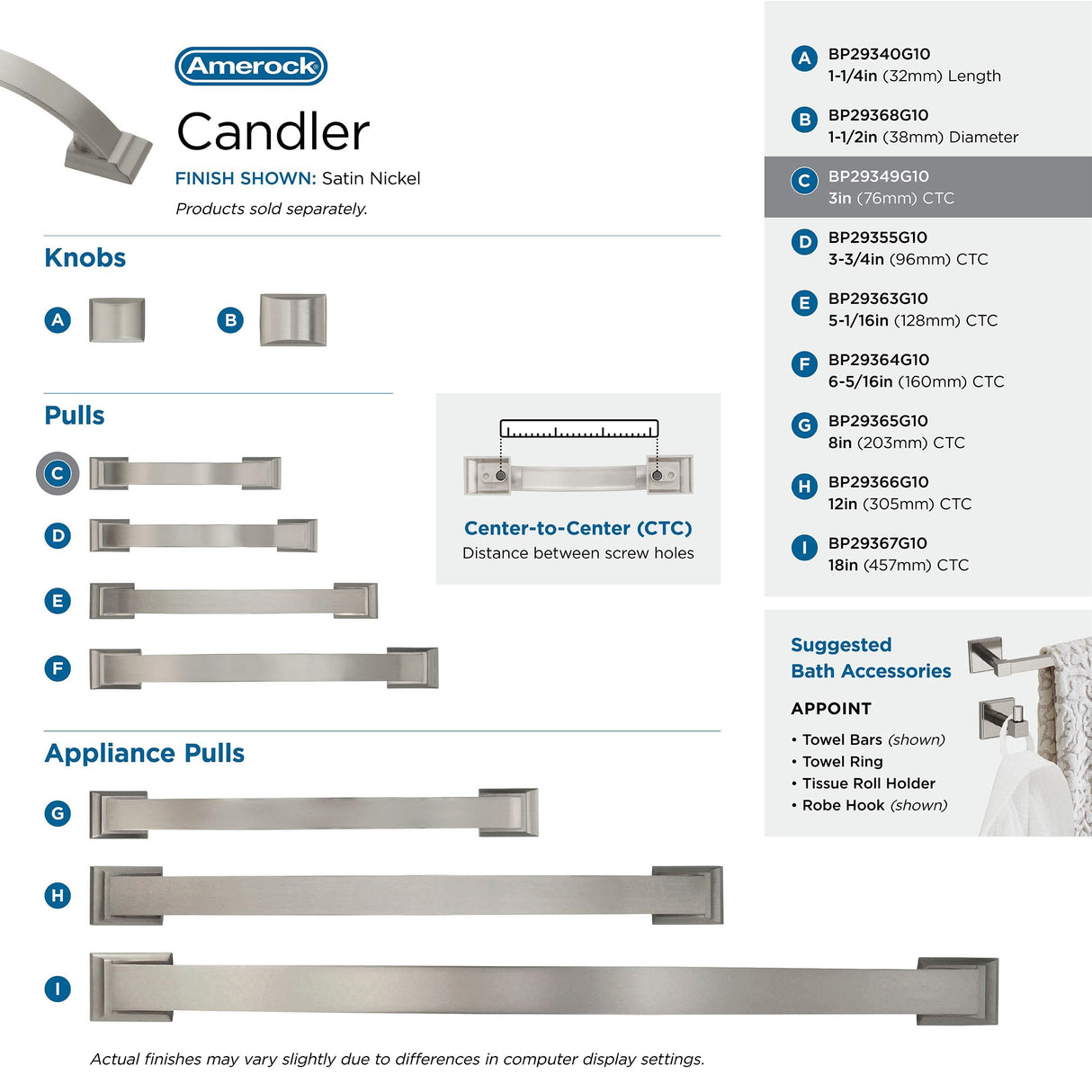 Amerock Cabinet Pull Satin Nickel 3 inch (76 mm) Center to Center Candler 1 Pack Drawer Pull Drawer Handle Cabinet Hardware