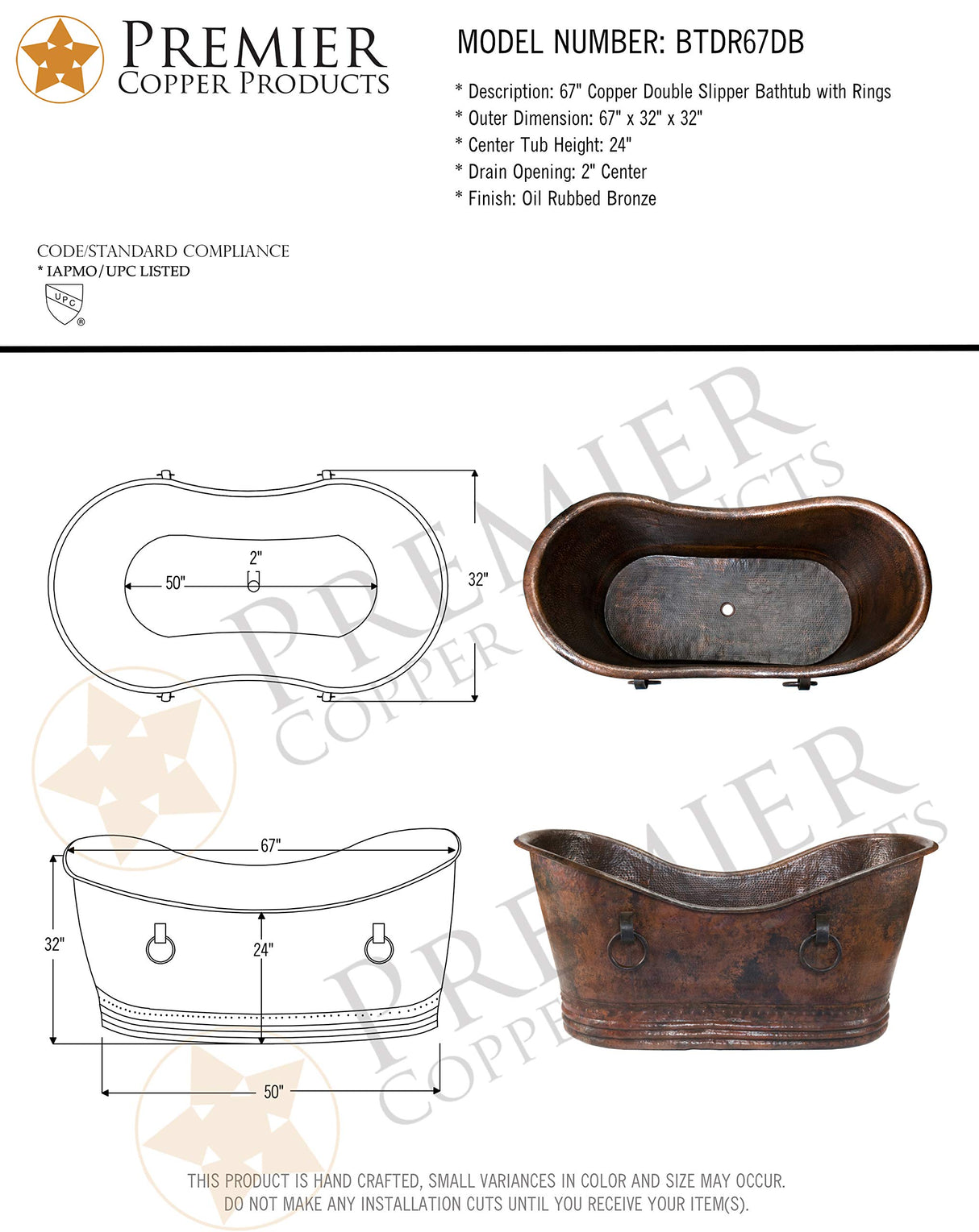 Premier Copper Products BTDR67DB 67-Inch Hammered Copper Double Slipper Bathtub with Rings, Oil Rubbed Bronze