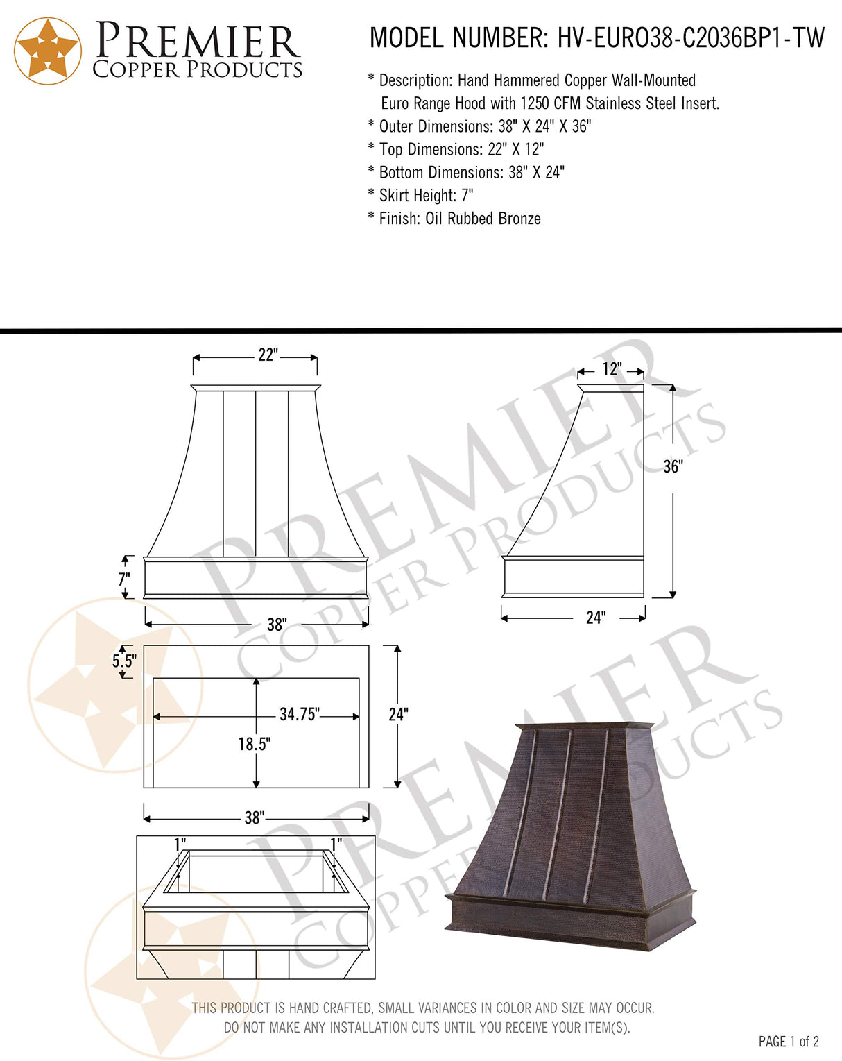 Premier Copper Products HV-EURO38-C2036BP1-TW Euro 38-Inch 735 CFM Wall Mount Range Hood