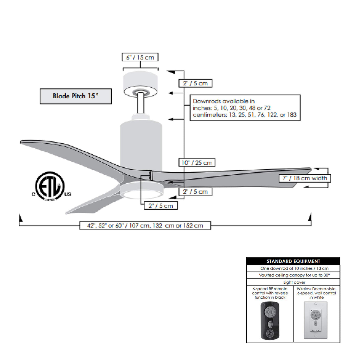 Matthews Fan PA3-BK-BK-60 Patricia-3 three-blade ceiling fan in Matte Black finish with 60” solid matte black wood blades and dimmable LED light kit 