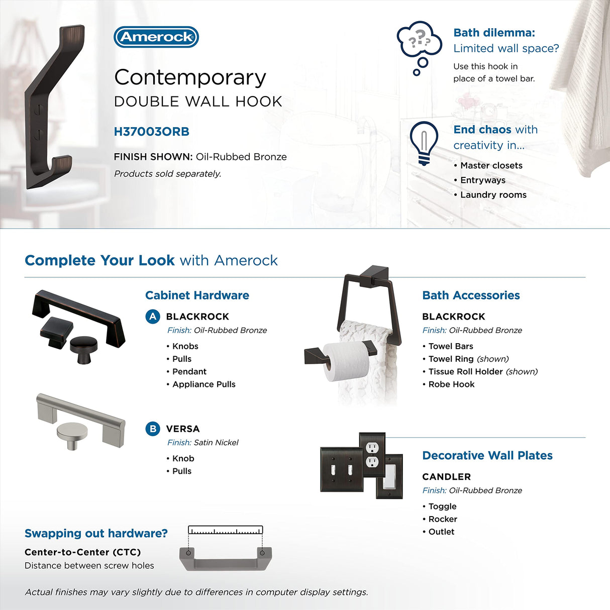 Amerock H37003ORB Emerge Double Prong Decorative Wall Hook Oil Rubbed Bronze Hook for Coats, Hats, Backpacks, Bags Hooks for Bathroom, Bedroom, Closet, Entryway, Laundry Room, Office
