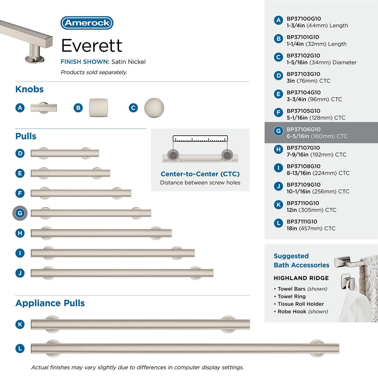 Amerock Everett 6-5/16 in (160 mm) Center-to-Center Satin Nickel Cabinet Pull Kitchen Cabinet Hardware Furniture Hardware Bathroom Drawer Handle