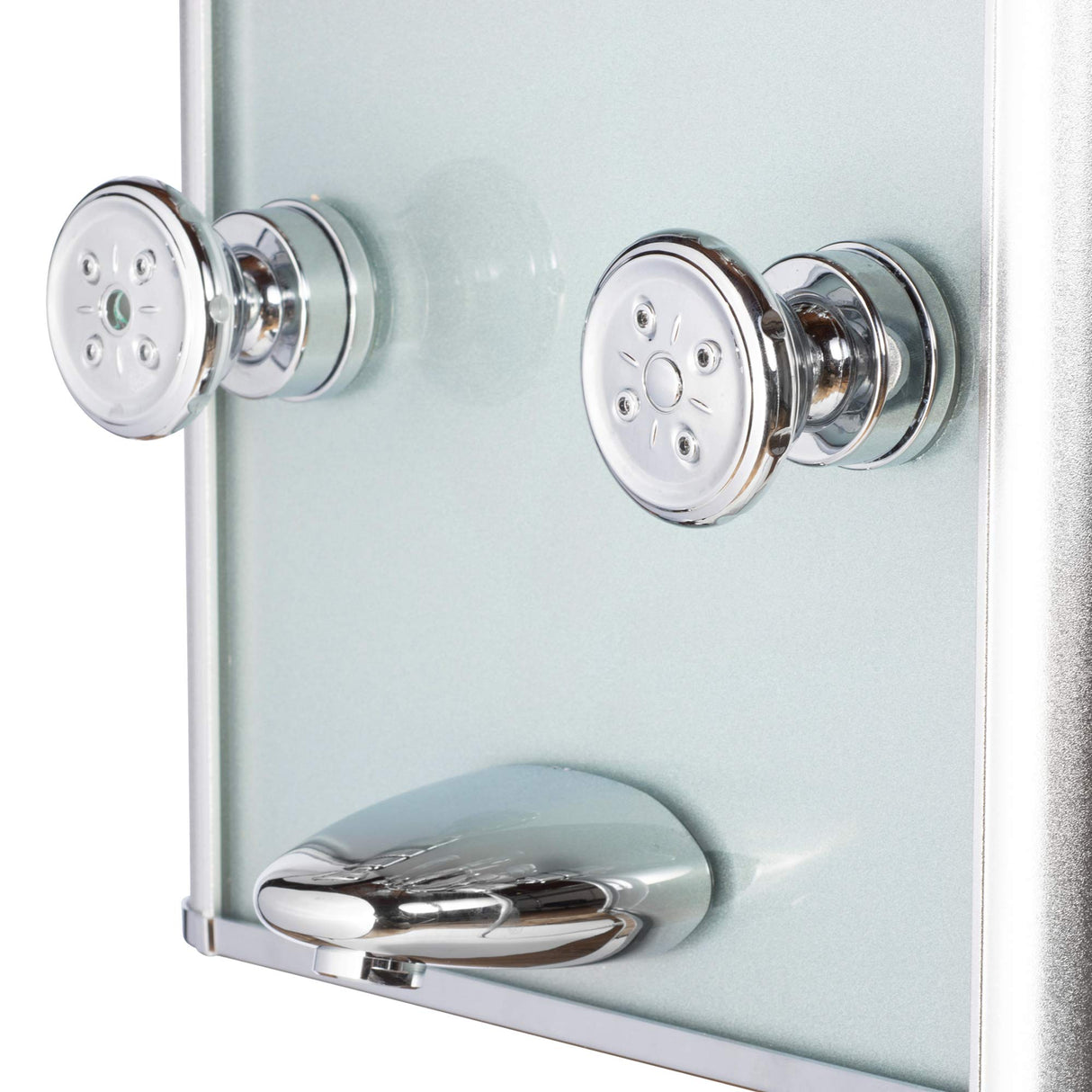 PULSE ShowerSpas 1013-GL Kihei II ShowerSpa Panel with 8" Rain Showerhead, 6 Body Sprays, 5-Function Hand Shower, Glass Shelf, Mirror, Tub Spout, Silver with Chrome Fixtures