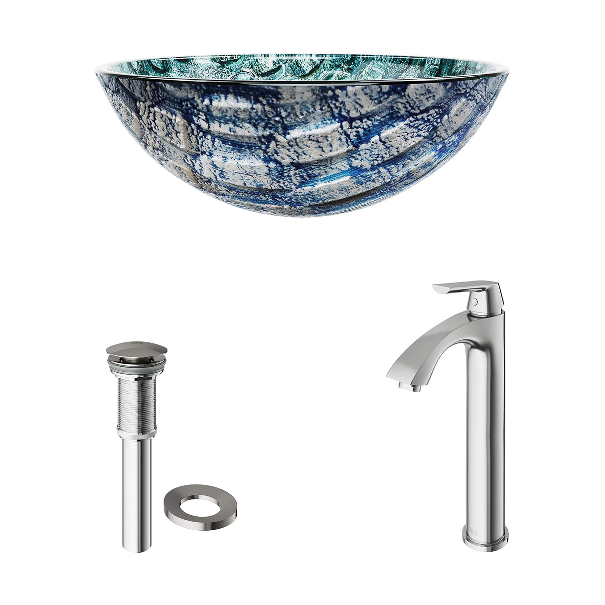 VIGO VGT549 16.5" L -16.5" W -12.38" H Oceania Handmade Glass Round Vessel Bathroom Sink Set in Patterned Teal Finish with Brushed Nickel Single-Handle Single Hole Faucet and Pop Up Drain