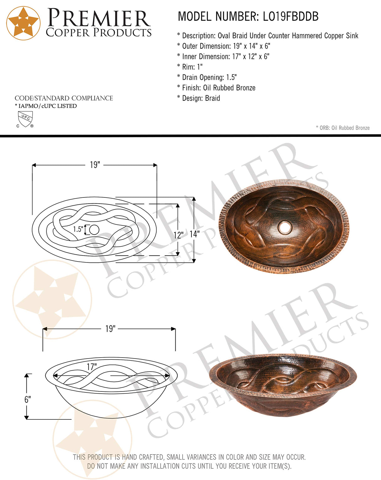 Premier Copper Products LO19FBDDB 19-Inch Oval Braid Under Mount Hammered Copper Sink, Oil Rubbed Bronze