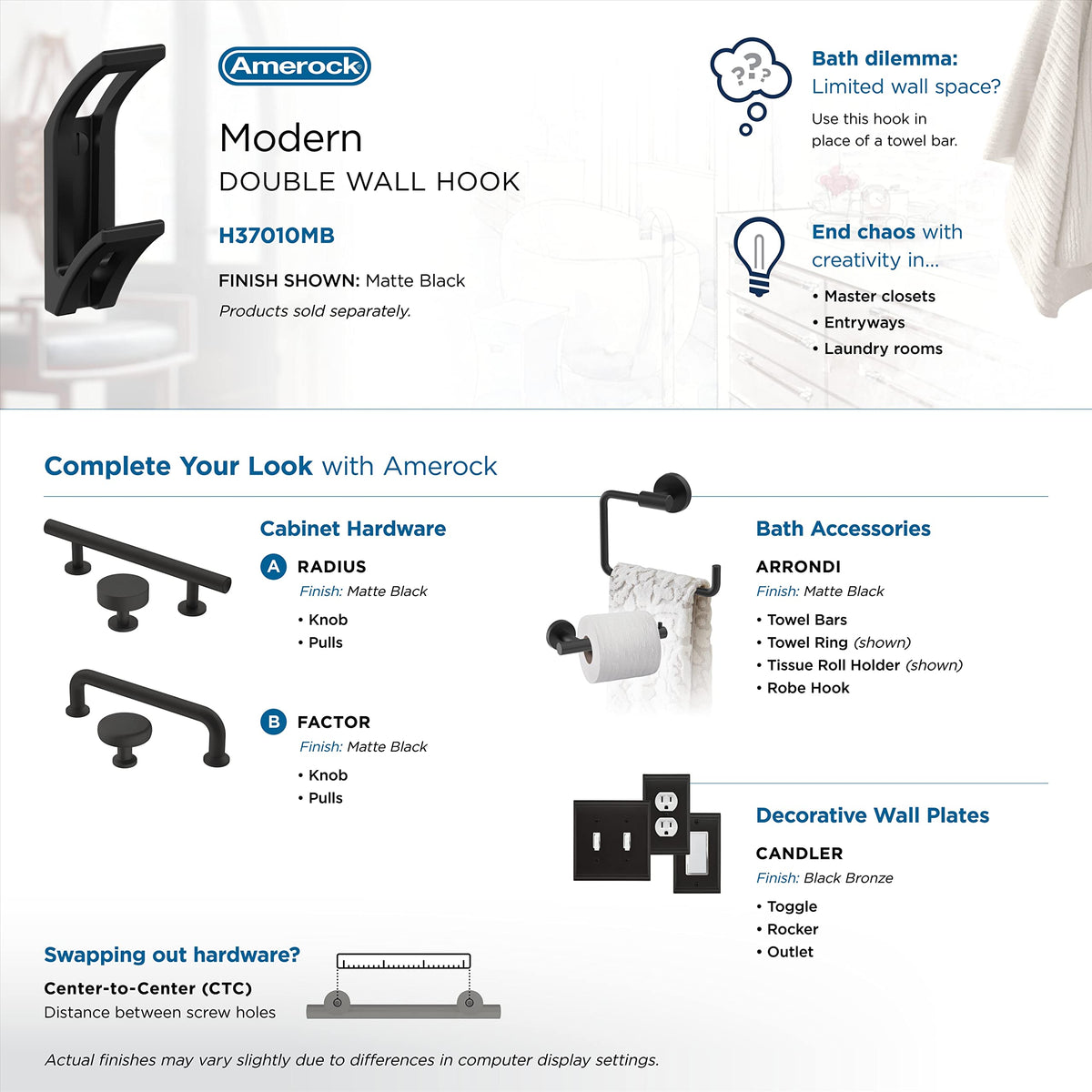 Amerock H37010MB Avid Double Prong Decorative Wall Hook Matte Black Hook for Coats, Hats, Backpacks, Bags Hooks for Bathroom, Bedroom, Closet, Entryway, Laundry Room, Office
