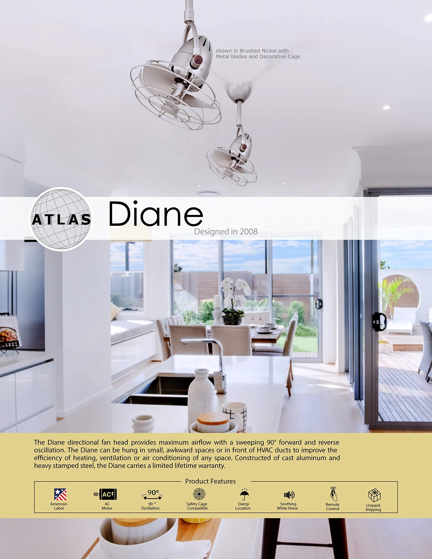 Matthews Fan DI-BN-WD Diane oscillating ceiling fan in Brushed Nickel finish with solid mahogany tone wood blades.