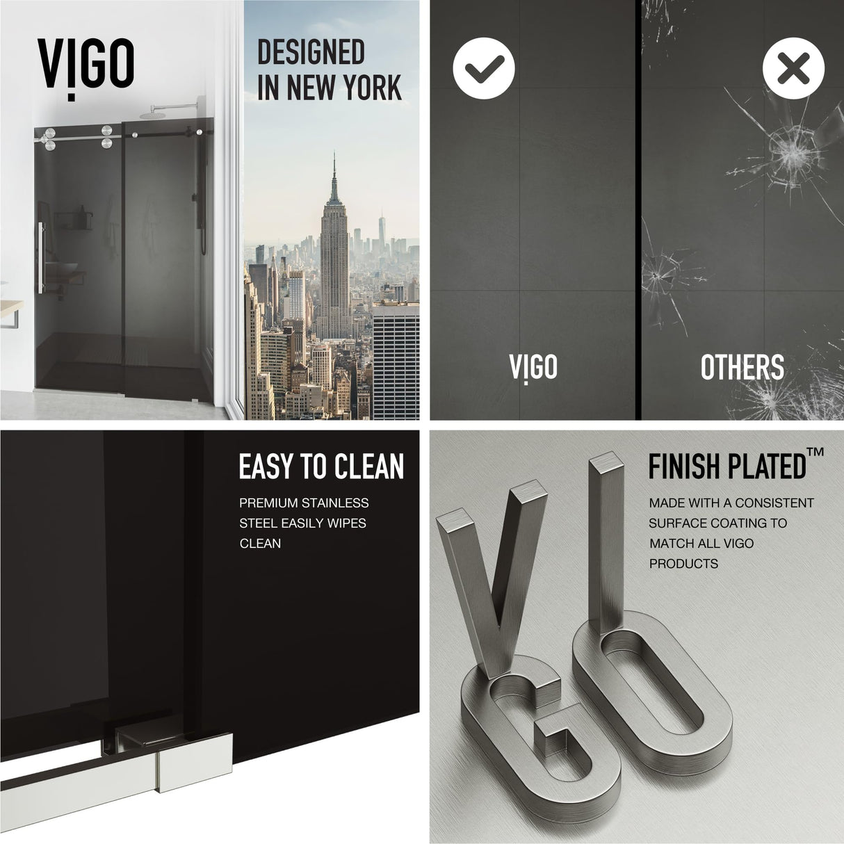 VIGO Adjustable 56-60" W x 74" H Elan Frameless Sliding Shower Door with Black Tint Tempered Glass, Reversible Handle in Stainless Steel