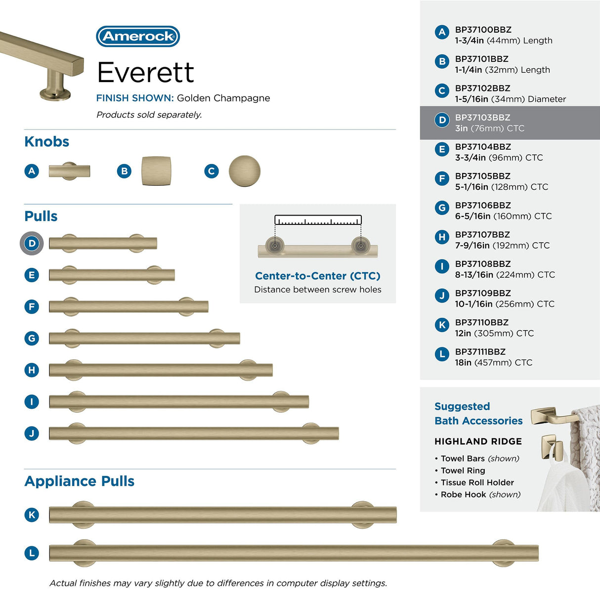 Amerock BP37103BBZ Everett 3 in (76 mm) Center-to-Center Golden Champagne Cabinet Pull Kitchen Cabinet Hardware Furniture Hardware Bathroom Drawer Handle