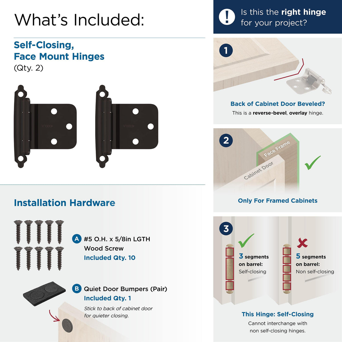 Amerock BPR7630ORB Reverse Bevel Face Frame Cabinet Hinge Variable Overlay Self Closing Face Mount Oil Rubbed Bronze Kitchen Cabinet Door Hinge 1 Pair/2 Pack Functional Hardware