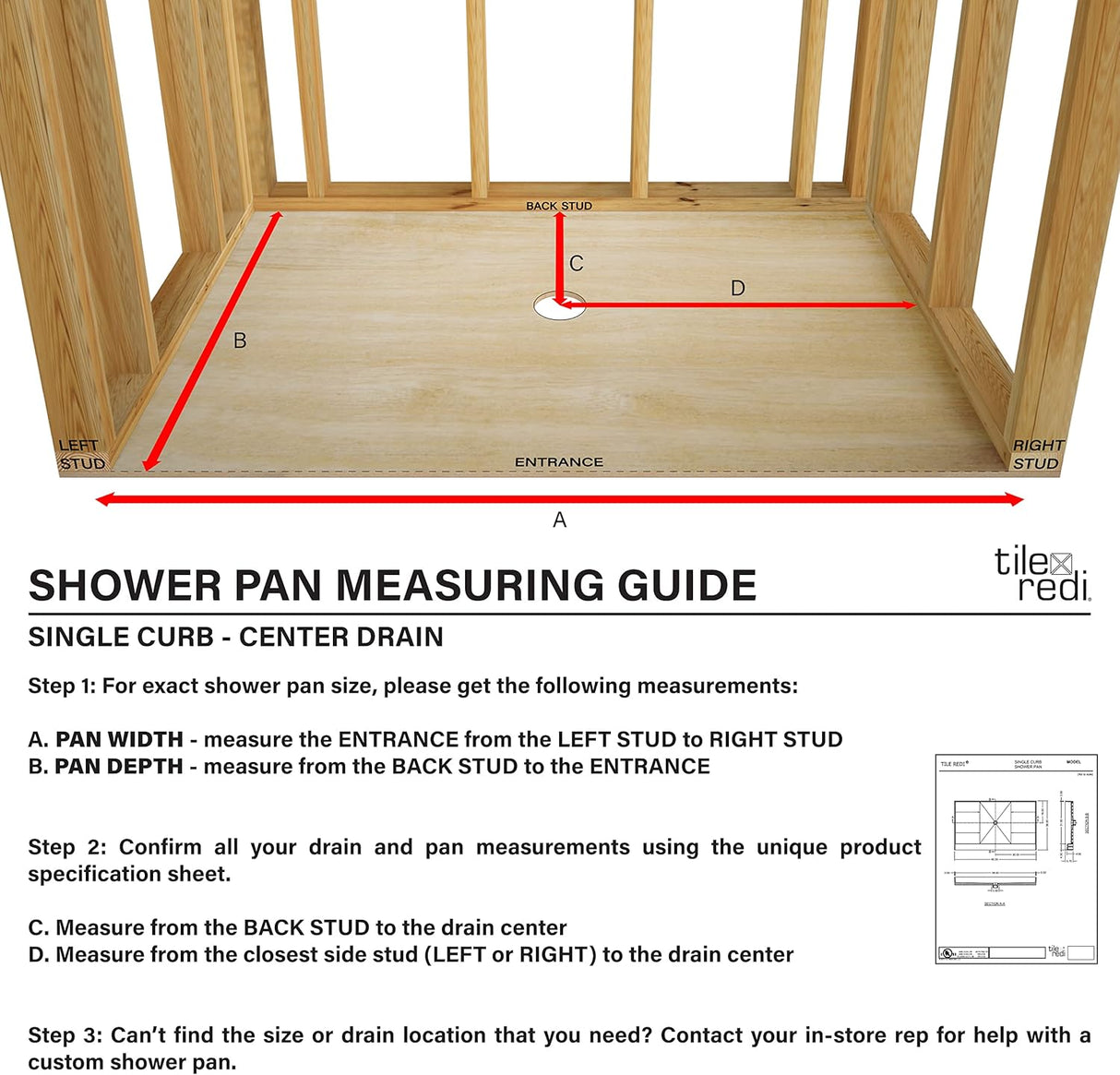 Tile Redi 4837C-PVC Base Shower Pan, Single Curb 37" W x 48" D, Black