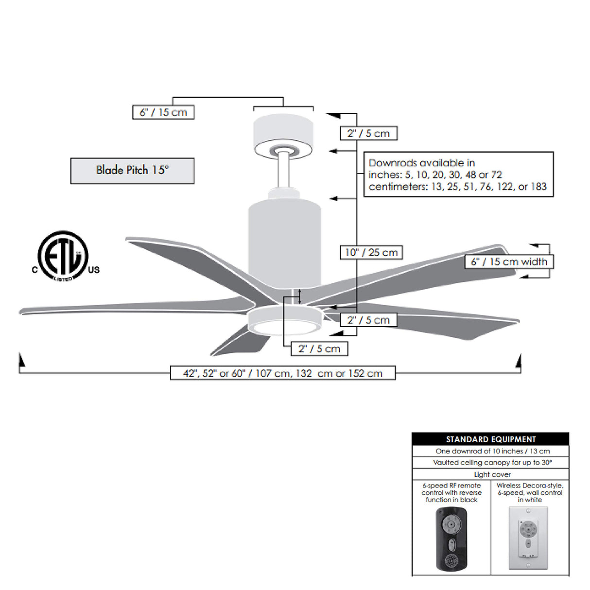 Matthews Fan PA5-CR-MWH-60 Patricia-5 five-blade ceiling fan in Polished Chrome finish with 60” solid matte white wood blades and dimmable LED light kit 